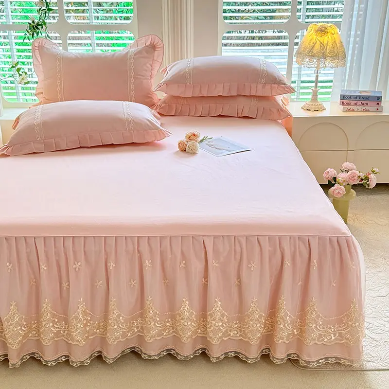 1pc Purple Romantic Bed Skirt,Pure Cotton Mattress Cover with Lace Decor,Solid grey Bed Mattress Protector Decor Home Bedlinens