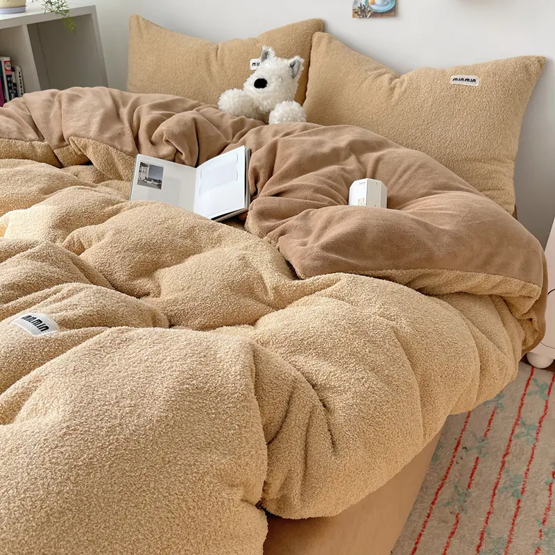 3/4Pcs Winter Teddy Velvet Flannel Bedding Set AB Side Duvet Cover Simple Fleece Bed Linen Home Bed Linens King Drop Shipping