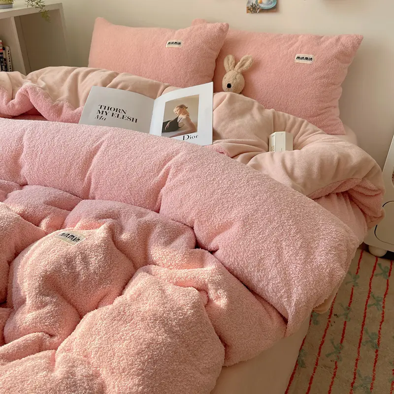 3/4Pcs Winter Teddy Velvet Flannel Bedding Set AB Side Duvet Cover Simple Fleece Bed Linen Home Bed Linens King Drop Shipping