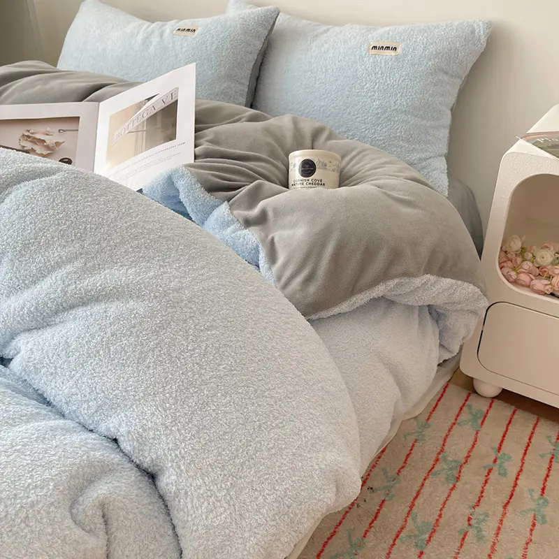 3/4Pcs Winter Teddy Velvet Flannel Bedding Set AB Side Duvet Cover Simple Fleece Bed Linen Home Bed Linens King Drop Shipping