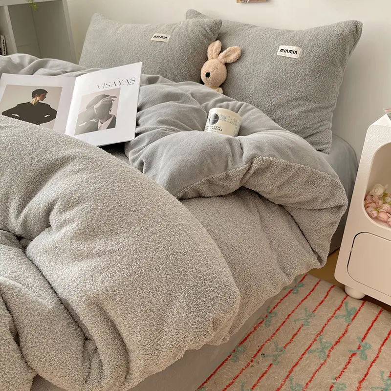 3/4Pcs Winter Teddy Velvet Flannel Bedding Set AB Side Duvet Cover Simple Fleece Bed Linen Home Bed Linens King Drop Shipping