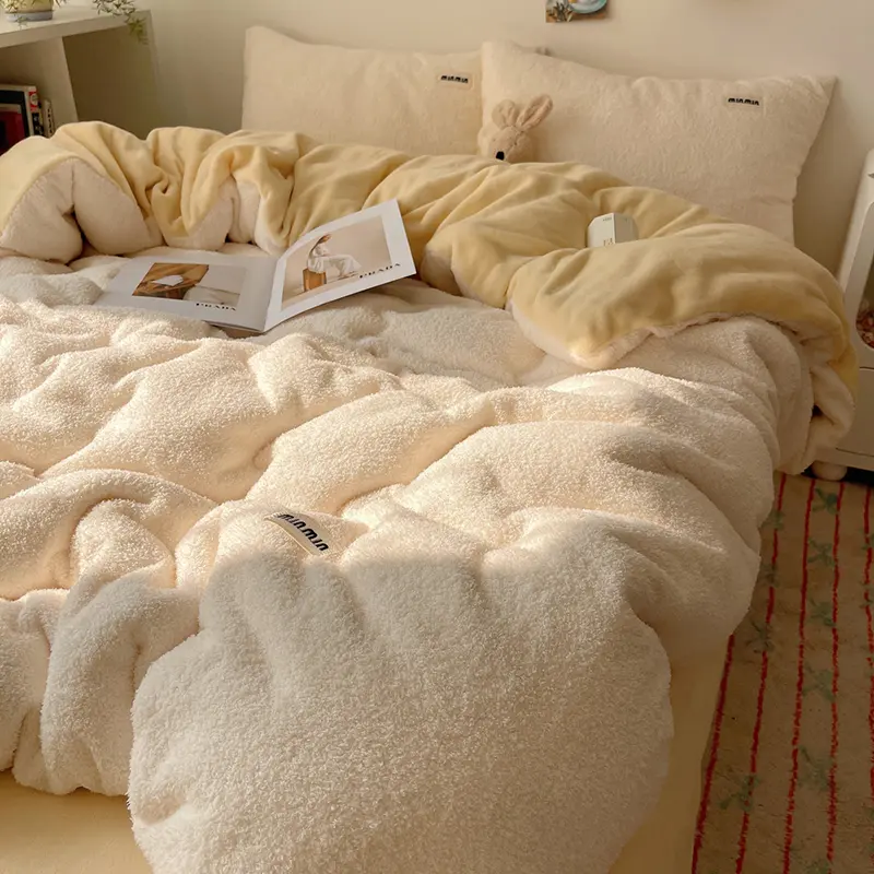 3/4Pcs Winter Teddy Velvet Flannel Bedding Set AB Side Duvet Cover Simple Fleece Bed Linen Home Bed Linens King Drop Shipping