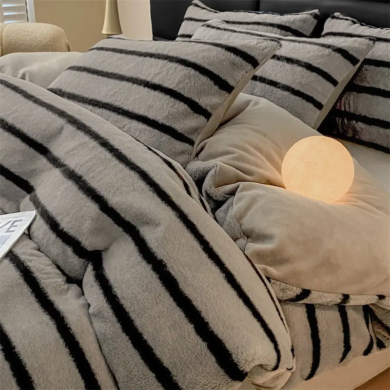 Winter Thicken Rabbit Hair Velvet Bedding Set Faux Fur Flannel Cozy Duvet Cover Stripe Khaki Bed Sheet Linens King Drop Shipping