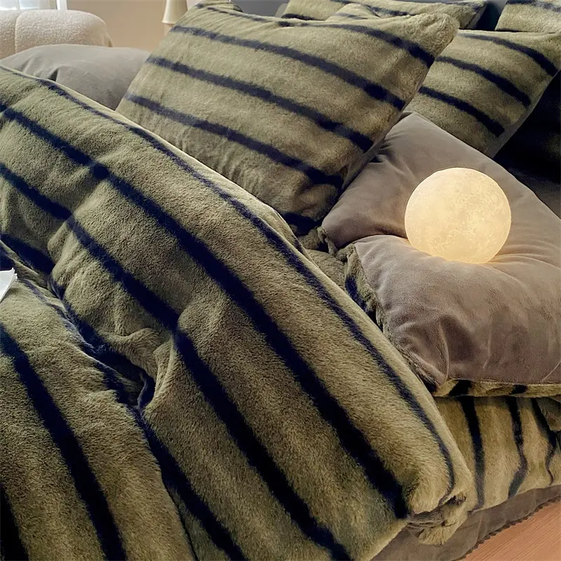 Winter Thicken Rabbit Hair Velvet Bedding Set Faux Fur Flannel Cozy Duvet Cover Stripe Khaki Bed Sheet Linens King Drop Shipping