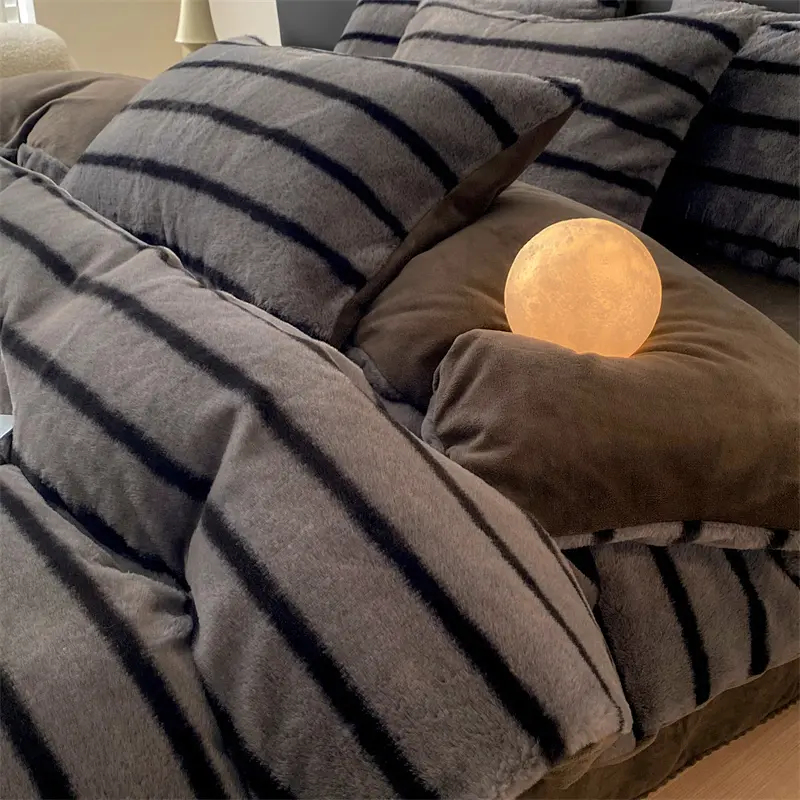 Winter Thicken Rabbit Hair Velvet Bedding Set Faux Fur Flannel Cozy Duvet Cover Stripe Khaki Bed Sheet Linens King Drop Shipping