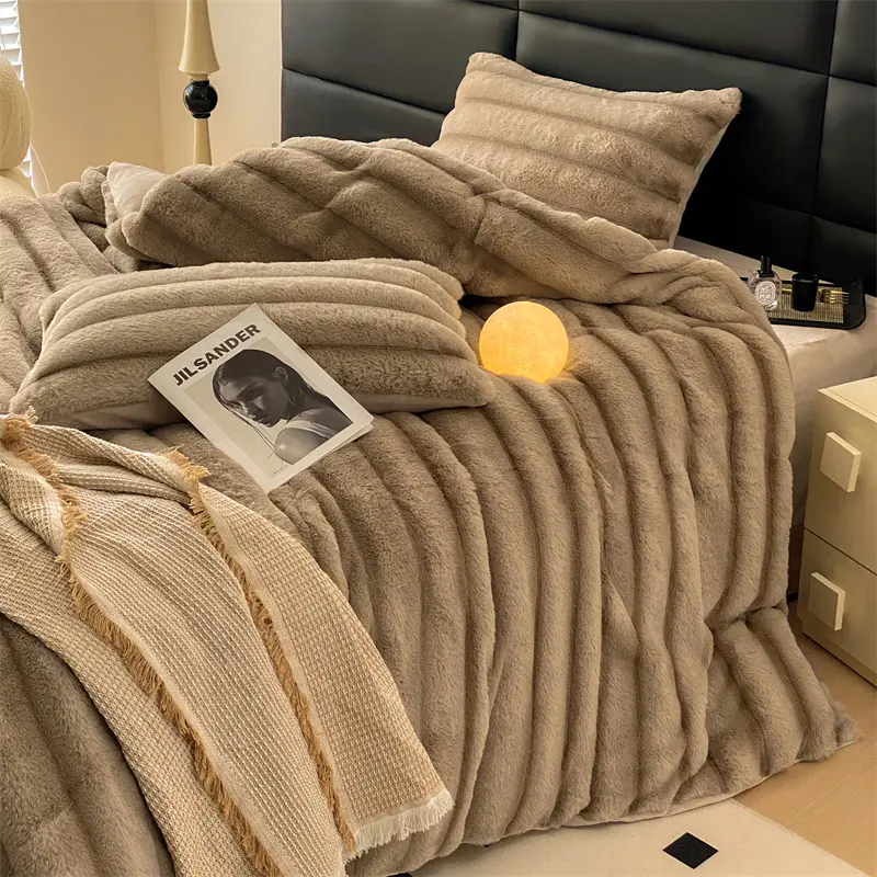 Winter Thicken Rabbit Hair Velvet Bedding Set Faux Fur Flannel Cozy Duvet Cover Stripe Khaki Bed Sheet Linens King Drop Shipping