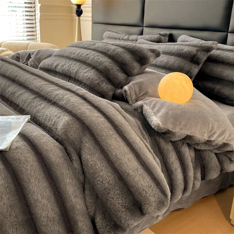 Winter Thicken Rabbit Hair Velvet Bedding Set Faux Fur Flannel Cozy Duvet Cover Stripe Khaki Bed Sheet Linens King Drop Shipping