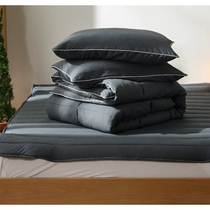 2/3/4pcs Comforter Set, Korean Beige Quilt Thin Mattress Pad Pillowcase,Soft Polyester Grey Home Bedding 150*200cm Drop Shipping