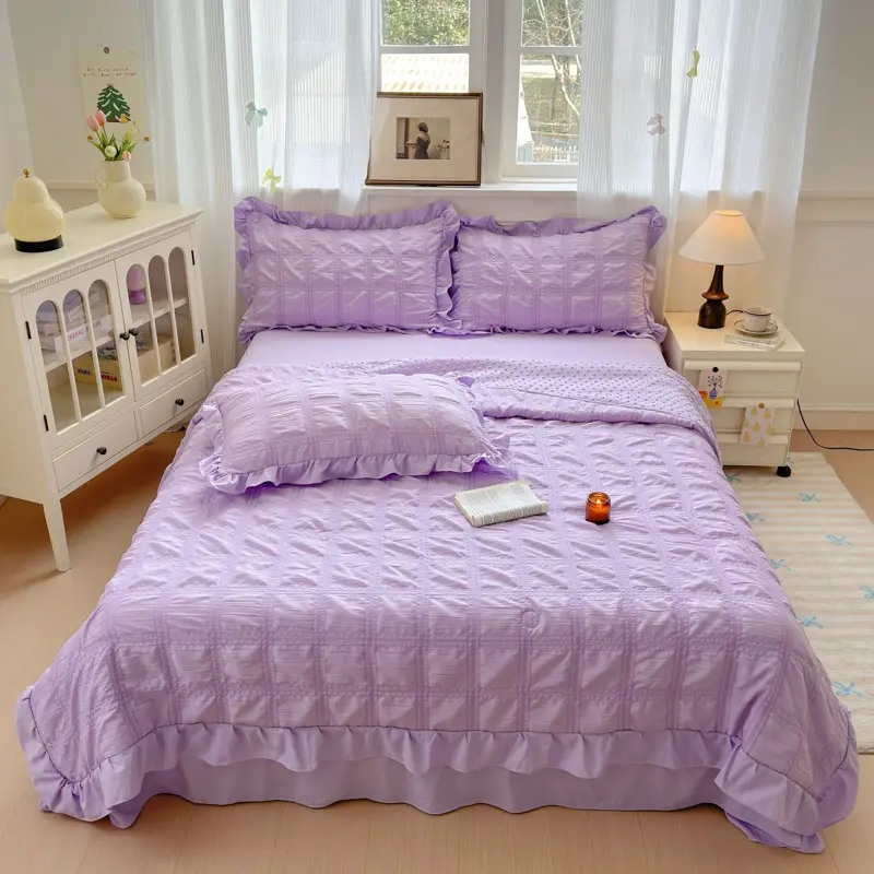 1/4pcs Summer Quilt Or Air Condition Comforter +Sheet+Pillowcase Set,Korean AB Side Seersucker Dot Blanket For Home Adult Girl