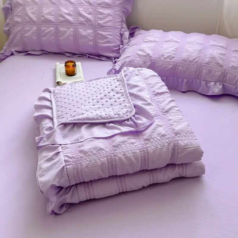 1/4pcs Summer Quilt Or Air Condition Comforter +Sheet+Pillowcase Set,Korean AB Side Seersucker Dot Blanket For Home Adult Girl