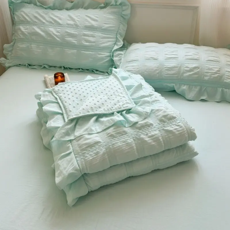 1/4pcs Summer Quilt Or Air Condition Comforter +Sheet+Pillowcase Set,Korean AB Side Seersucker Dot Blanket For Home Adult Girl