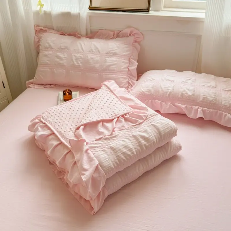 1/4pcs Summer Quilt Or Air Condition Comforter +Sheet+Pillowcase Set,Korean AB Side Seersucker Dot Blanket For Home Adult Girl