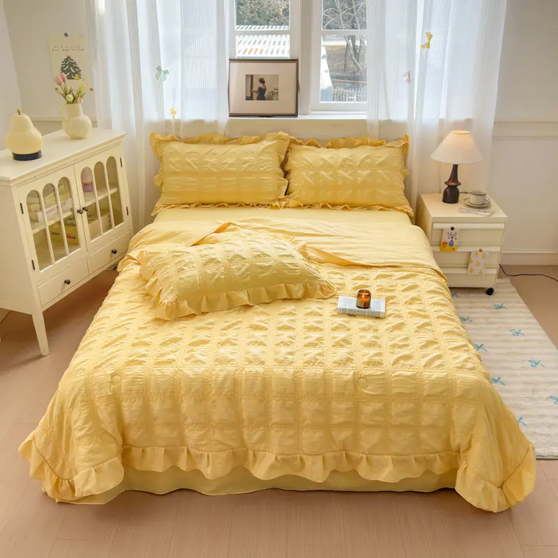 1/4pcs Summer Quilt Or Air Condition Comforter +Sheet+Pillowcase Set,Korean AB Side Seersucker Dot Blanket For Home Adult Girl