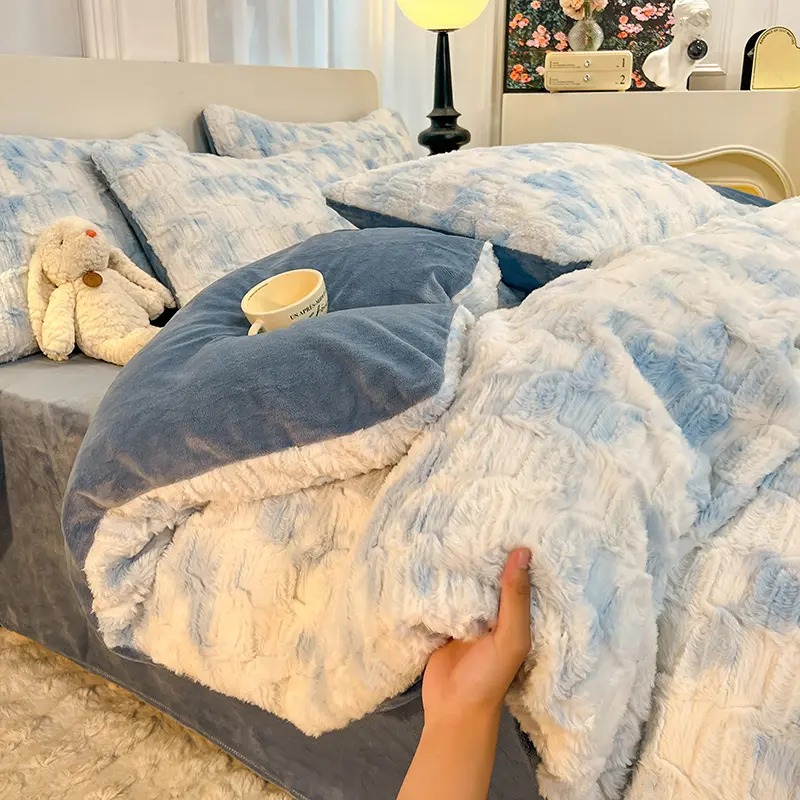 Warm Bedding Set 3/4Pcs Imitation Rabbit Velvet Duvet Cover Flannel Flat Sheet Home Linen Bedclothes King Queen Drop Shipping