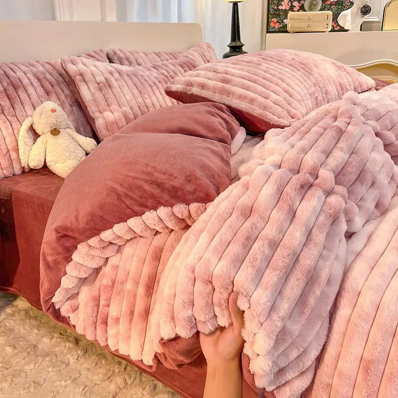 Warm Bedding Set 3/4Pcs Imitation Rabbit Velvet Duvet Cover Flannel Flat Sheet Home Linen Bedclothes King Queen Drop Shipping