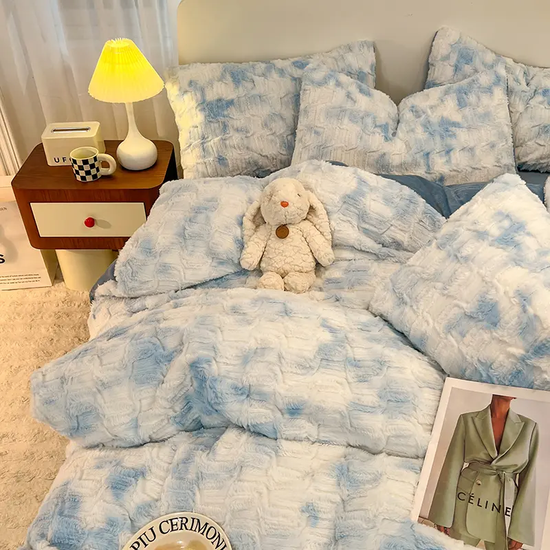 Warm Bedding Set 3/4Pcs Imitation Rabbit Velvet Duvet Cover Flannel Flat Sheet Home Linen Bedclothes King Queen Drop Shipping