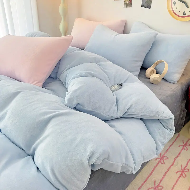 Winter Warmth Duvet Cover Or Bet Set ,Blue Flannel Fleece,Home Linens,Warm Coral Fleece Bedding Set, INS Contrast Color,1/3/4pcs