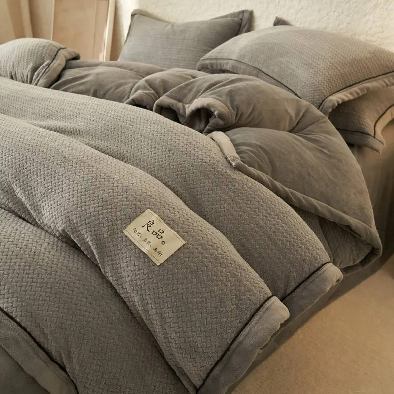 Warm Flannel Velvet Bedding Set Fleece Double Side Duvet Cover Pillowcase Flat/Fitted Sheet Grey King Home Textile Drop Shipping