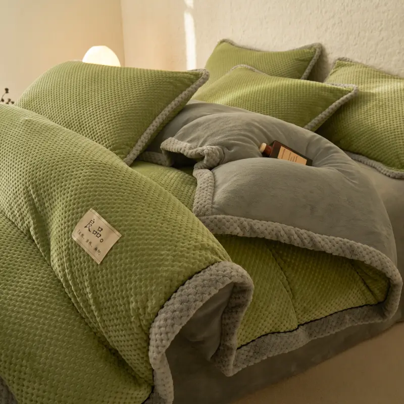 Warm Flannel Velvet Bedding Set Fleece Double Side Duvet Cover Pillowcase Flat/Fitted Sheet Grey King Home Textile Drop Shipping
