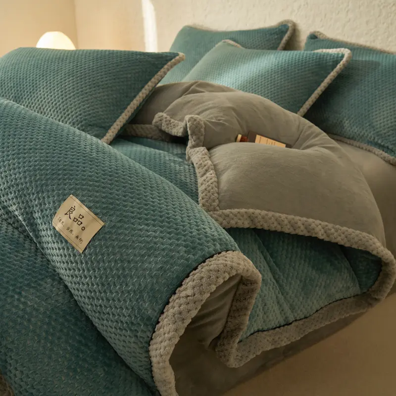 Warm Flannel Velvet Bedding Set Fleece Double Side Duvet Cover Pillowcase Flat/Fitted Sheet Grey King Home Textile Drop Shipping