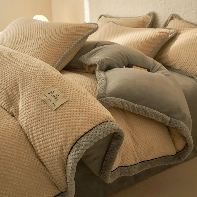 Warm Flannel Velvet Bedding Set Fleece Double Side Duvet Cover Pillowcase Flat/Fitted Sheet Grey King Home Textile Drop Shipping