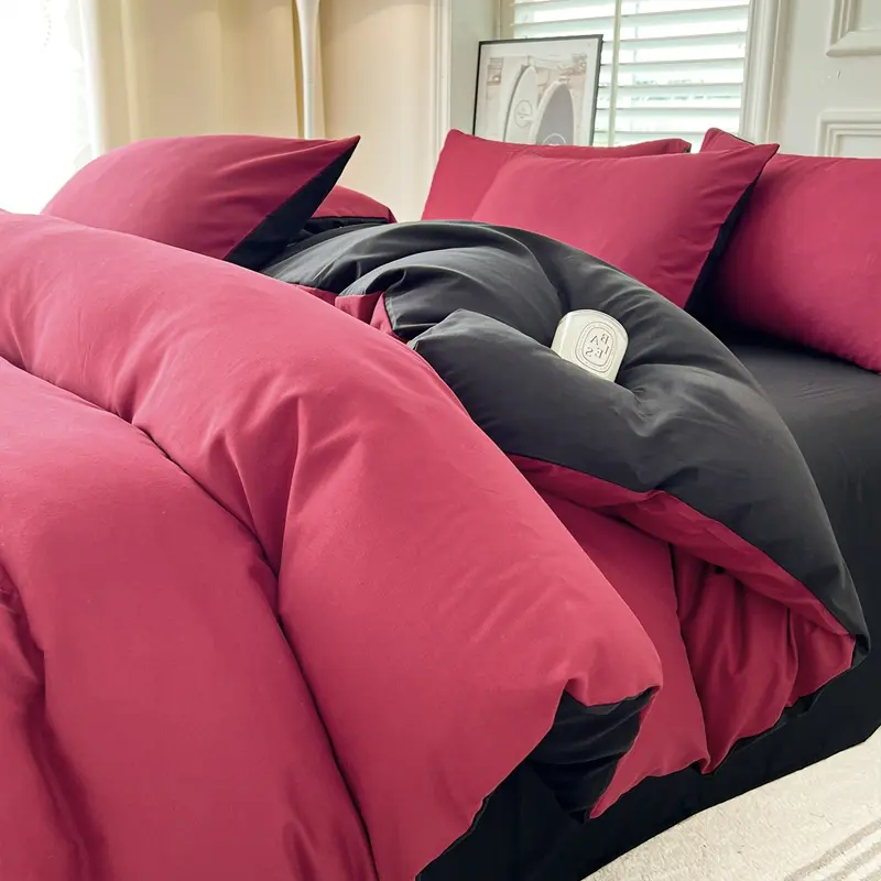 Rose Red Black Bedding Set,Soft Washed Cotton AB Side Duvet Cover,Pillowcase,Flat Sheet,Summer Bed Set For Adult Fullأطقم لحاف