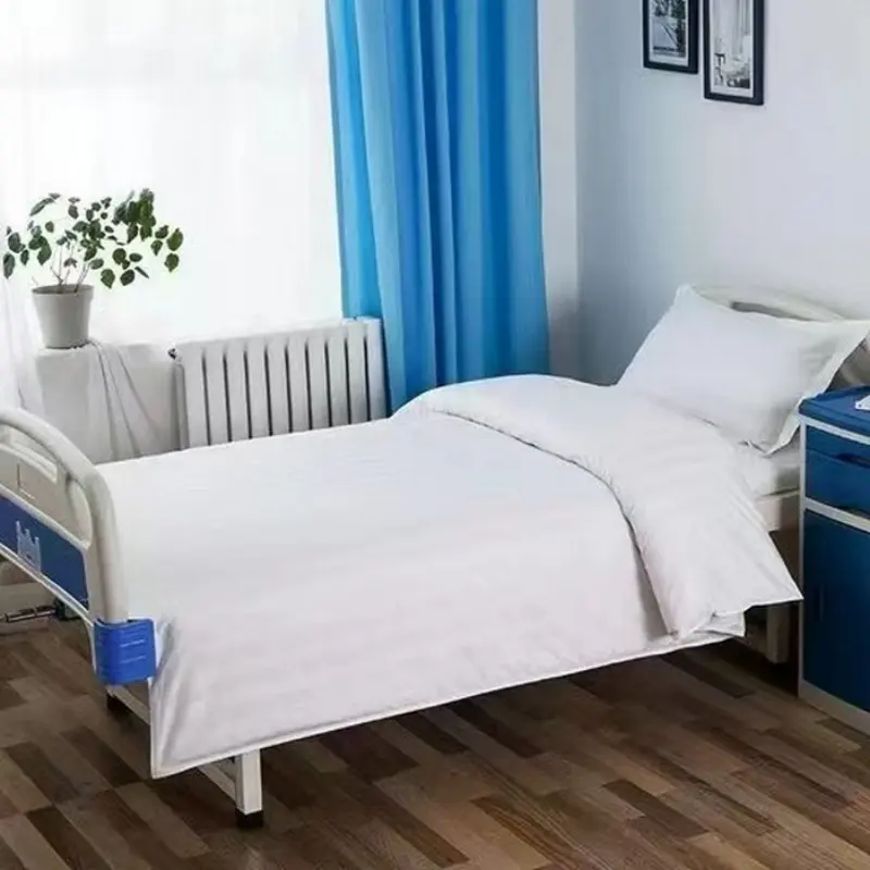 White Satin Stripe Bedding Set,Duvet Cover+Pillowcase+Flat Sheet For Hospital,Nursing Home,Health Center,Twill Cotton&Polyester