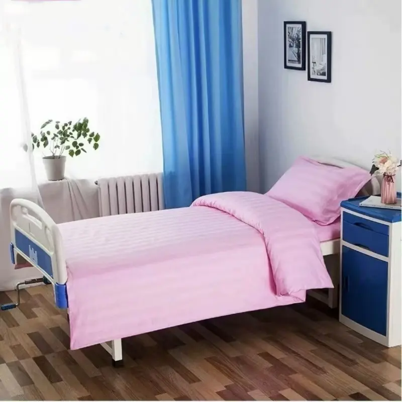 White Satin Stripe Bedding Set,Duvet Cover+Pillowcase+Flat Sheet For Hospital,Nursing Home,Health Center,Twill Cotton&Polyester