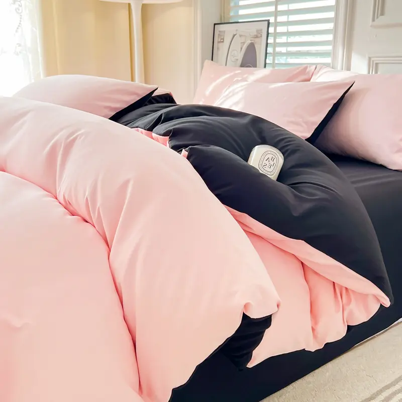 Rose Red Black Bedding Set,Soft Washed Cotton AB Side Duvet Cover,Pillowcase,Flat Sheet,Summer Bed Set For Adult Fullأطقم لحاف