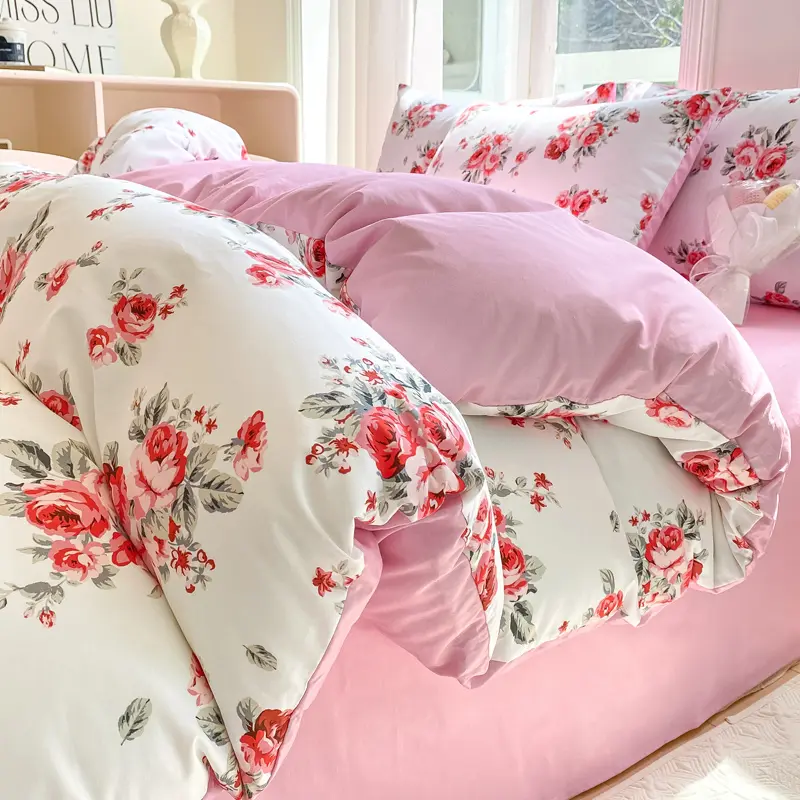Pure Cotton Bedding Set,Fresh Floral Duvet Cover+Pillowcase+Flat Sheet For Kids Adults Summer Twin Queen King Home Bedding Gift