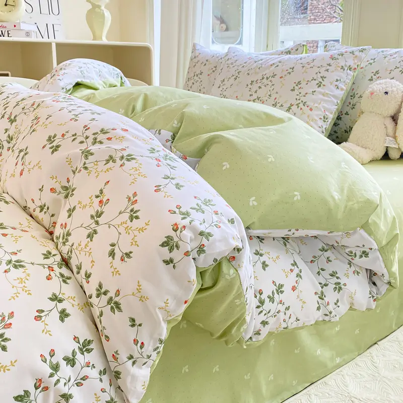 Pure Cotton Bedding Set,Fresh Floral Duvet Cover+Pillowcase+Flat Sheet For Kids Adults Summer Twin Queen King Home Bedding Gift