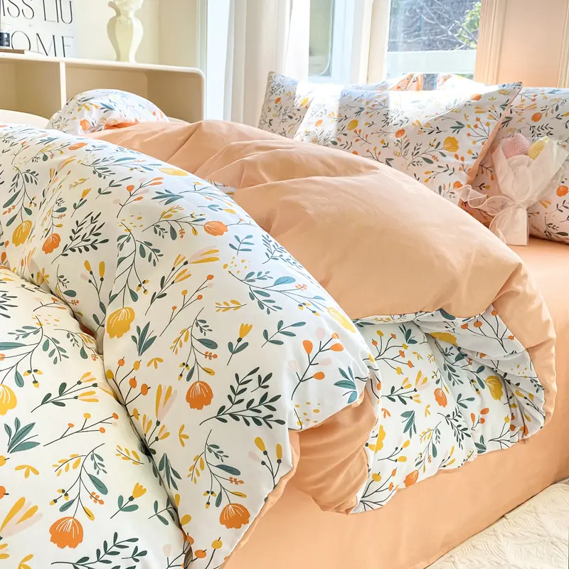 Pure Cotton Bedding Set,Fresh Floral Duvet Cover+Pillowcase+Flat Sheet For Kids Adults Summer Twin Queen King Home Bedding Gift