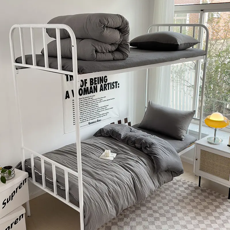 Soft Washed Cotton Bed Set Solid Duvet Cover+Flat Sheet+Pillowcase Simple Adult Kids Bed Linens Twin Double 3/4pcs Home Bedding