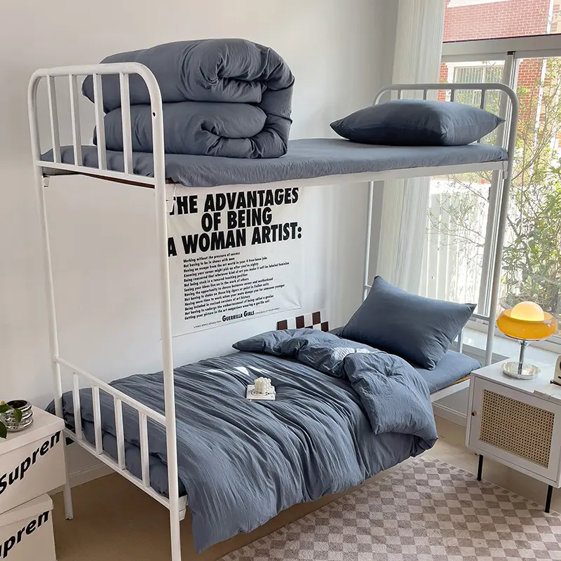 Soft Washed Cotton Bed Set Solid Duvet Cover+Flat Sheet+Pillowcase Simple Adult Kids Bed Linens Twin Double 3/4pcs Home Bedding