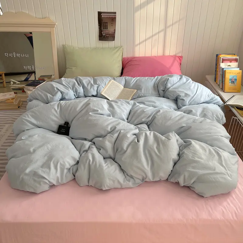 Soft Washed Cotton Bedding Set,Mix Color,Duvet Cover+pillowcase+Sheet,Skin-friendly Bed Linens For kids Adult For Four Sesaon