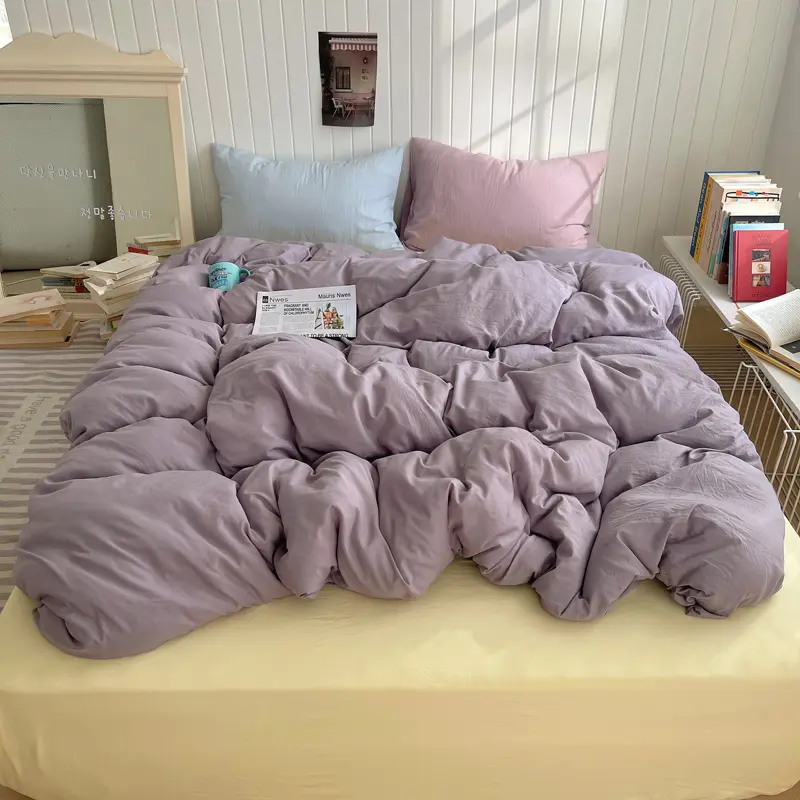 Soft Washed Cotton Bedding Set,Mix Color,Duvet Cover+pillowcase+Sheet,Skin-friendly Bed Linens For kids Adult For Four Sesaon