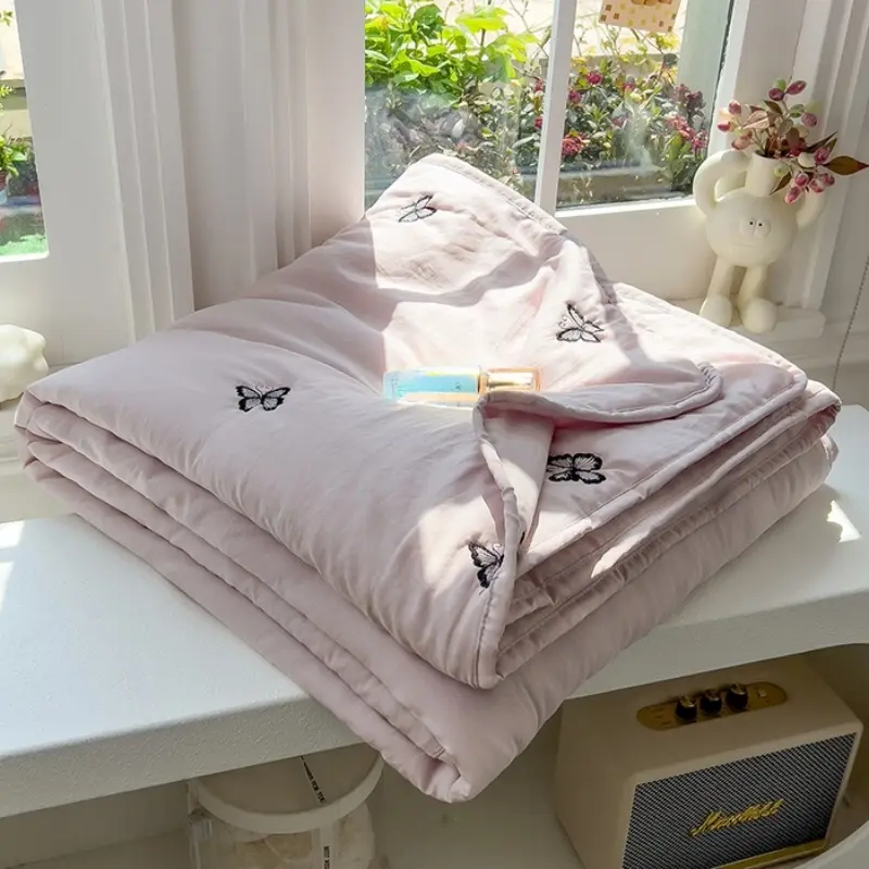 Washed Cotton Summer Quilt,Butterfly Embroidered Thin Air Condition Comforter,Soft Blanket For Child Kids Adults Home Bed Linens