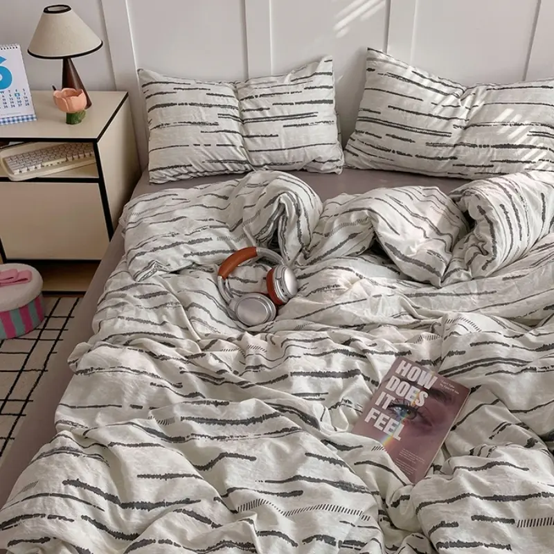 Spring Summer Bedding Set,Breathable Double Layer Gauze(polyester)Duvet Cover+Pillowcase+Flat Sheet For Kids Adults Twin King