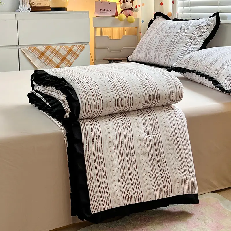 1/4pcs French Ruffle Summer Quilt Or Air Condition Comforter +Sheet+Pillowcase, Floral Print Home Bedding Drop Shipping Queen
