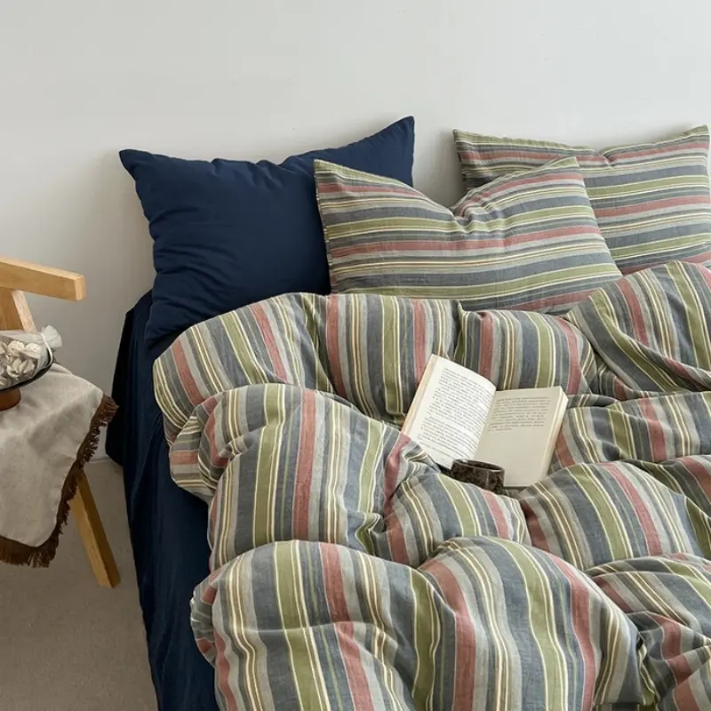 Soft Washed Cotton Bedding Set,Striped Grid Duvet Cover Flat Sheet Pillowcase for Four Season Twin Queen Adult Home Bed Linens