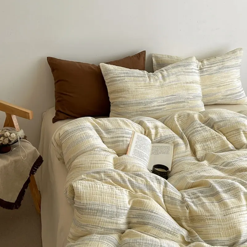 Soft Washed Cotton Bedding Set,Striped Grid Duvet Cover Flat Sheet Pillowcase for Four Season Twin Queen Adult Home Bed Linens