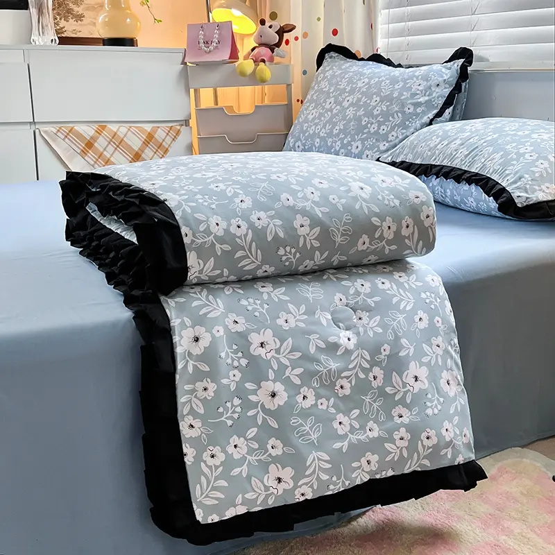1/4pcs French Ruffle Summer Quilt Or Air Condition Comforter +Sheet+Pillowcase, Floral Print Home Bedding Drop Shipping Queen