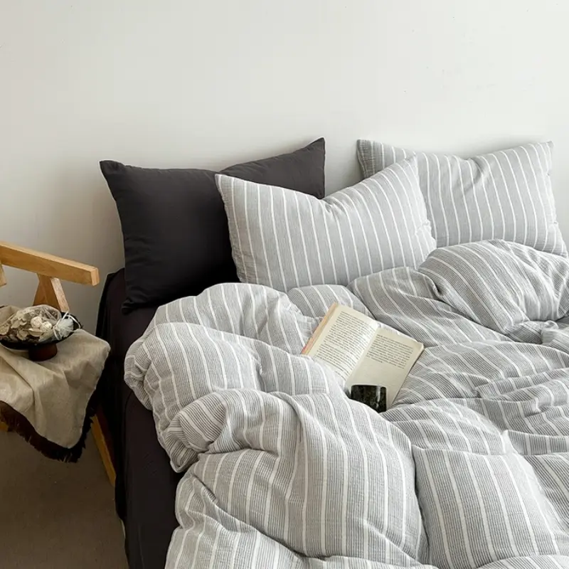 Soft Washed Cotton Bedding Set,Striped Grid Duvet Cover Flat Sheet Pillowcase for Four Season Twin Queen Adult Home Bed Linens