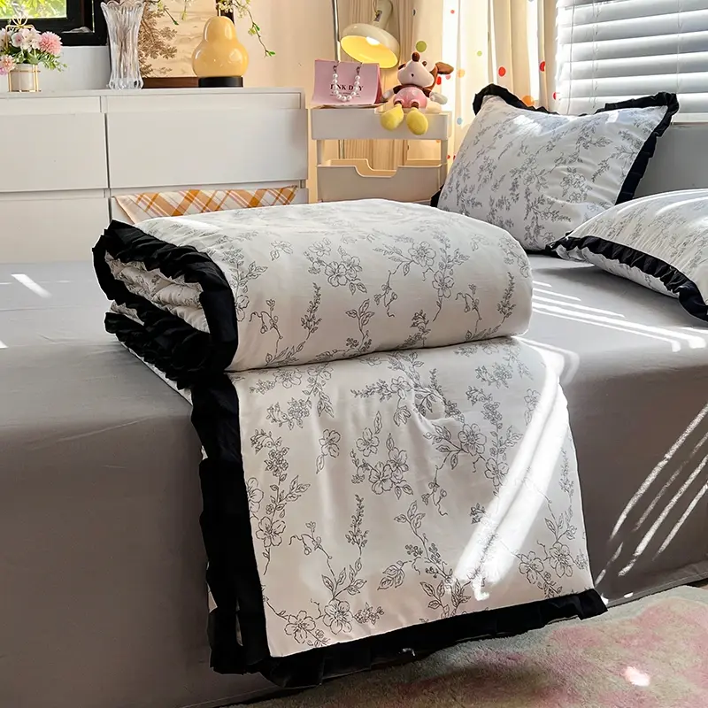 1/4pcs French Ruffle Summer Quilt Or Air Condition Comforter +Sheet+Pillowcase, Floral Print Home Bedding Drop Shipping Queen