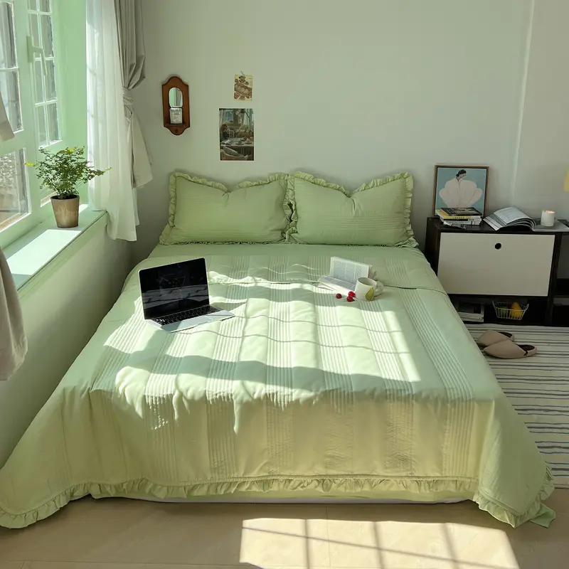 1/3pcs Multifunctional Quilted Ruffled Bedspread or Bed Cover+Pillowcase,Solid Summer Quilt/Comforter Full Blanket Drop Shipping