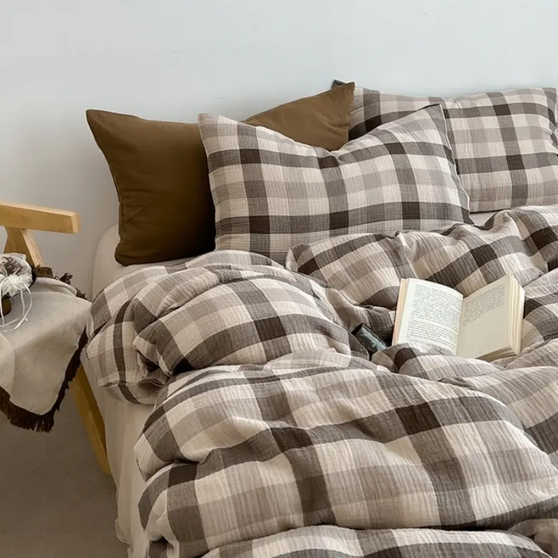 Soft Washed Cotton Bedding Set,Striped Grid Duvet Cover Flat Sheet Pillowcase for Four Season Twin Queen Adult Home Bed Linens