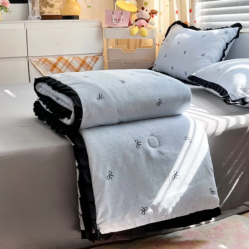1/4pcs French Ruffle Summer Quilt Or Air Condition Comforter +Sheet+Pillowcase, Floral Print Home Bedding Drop Shipping Queen
