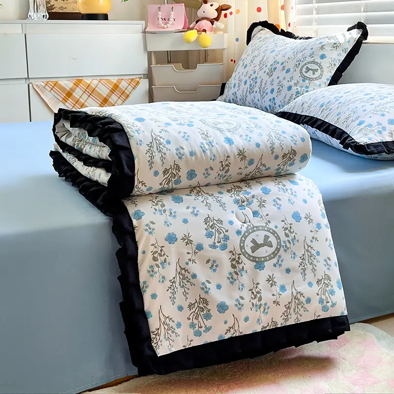 1/4pcs French Ruffle Summer Quilt Or Air Condition Comforter +Sheet+Pillowcase, Floral Print Home Bedding Drop Shipping Queen