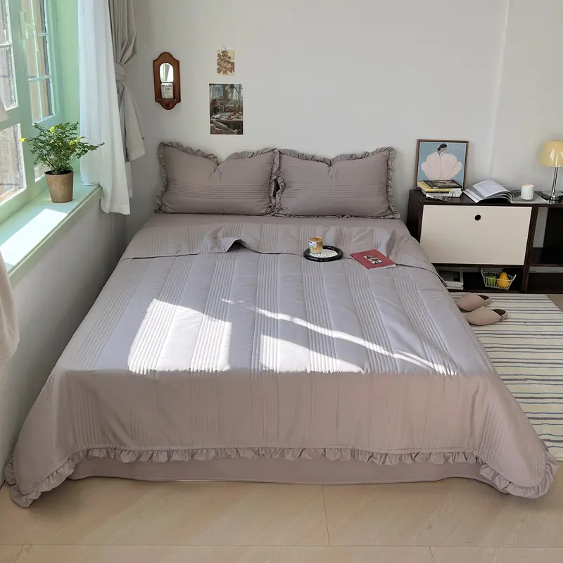 1/3pcs Multifunctional Quilted Ruffled Bedspread or Bed Cover+Pillowcase,Solid Summer Quilt/Comforter Full Blanket Drop Shipping