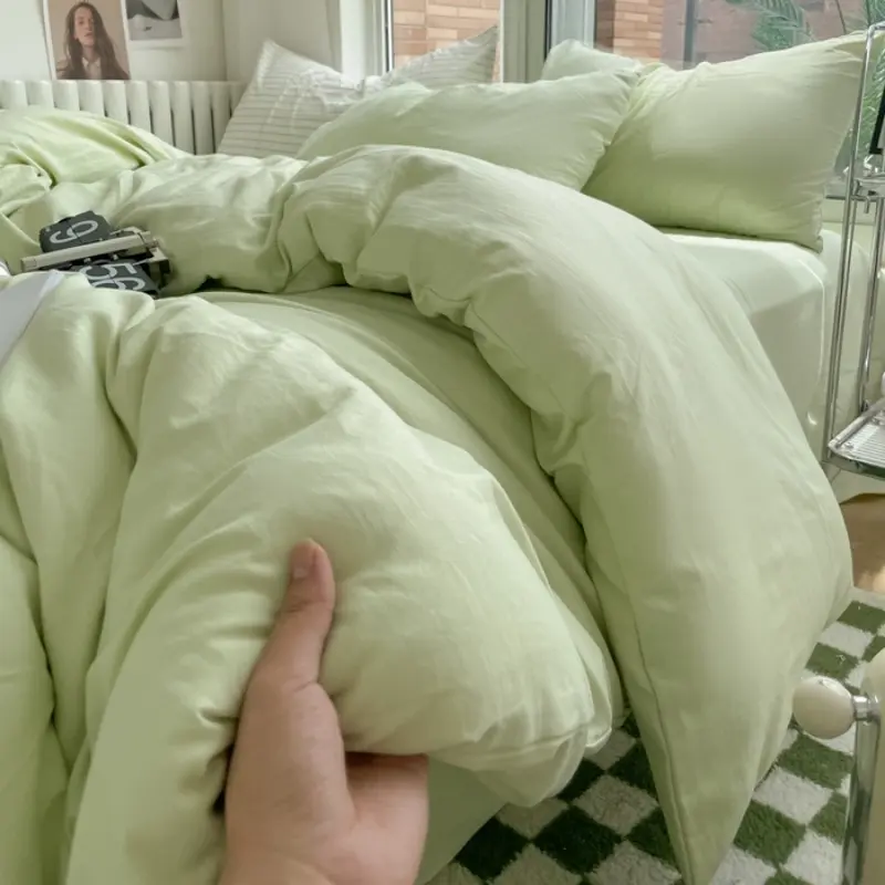 Soft Bedding Set Washed Cotton Duvet Cover Flat Sheet Bed Linen Solid Bedclothes For Summer Autumn Twin INS 3/4pcs Drop Shipping